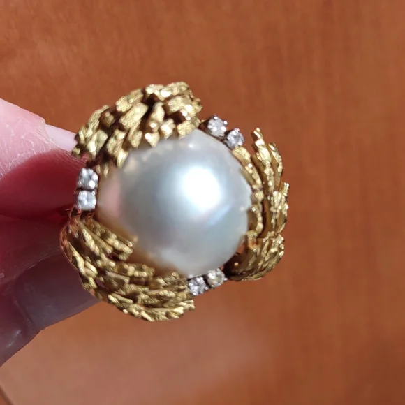 Mabe pearl 18kt Yellow Gold Ring, diamonds, estate Ring vintage - Picture 5 of 16